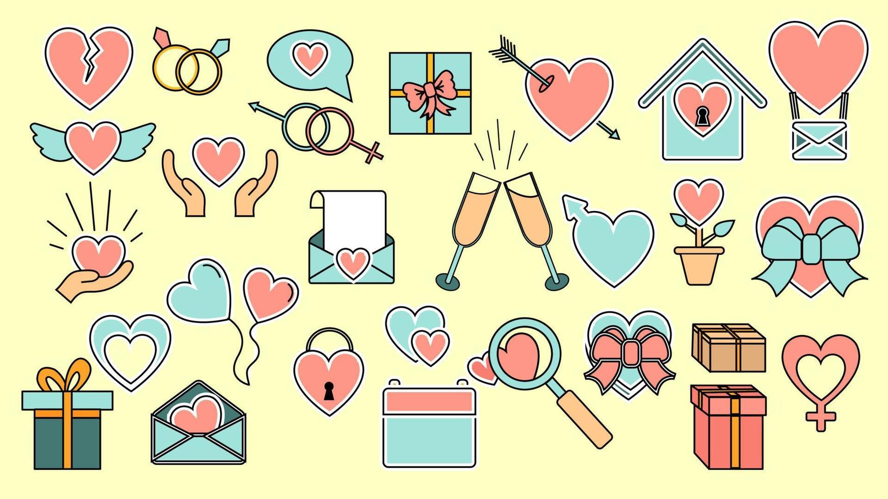 een reeks van groot gemakkelijk platte stijl pictogrammen van mooi harten, geschenken, enveloppen, liefde items voor de feest van liefde Valentijnsdag dag februari 14 of maart 8. vector illustratie