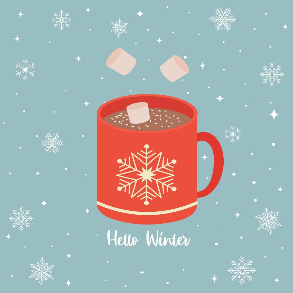 heet chocola met marshmallows. een kop met een sneeuwvlok ornament en Hallo winter belettering. vector illustratie.