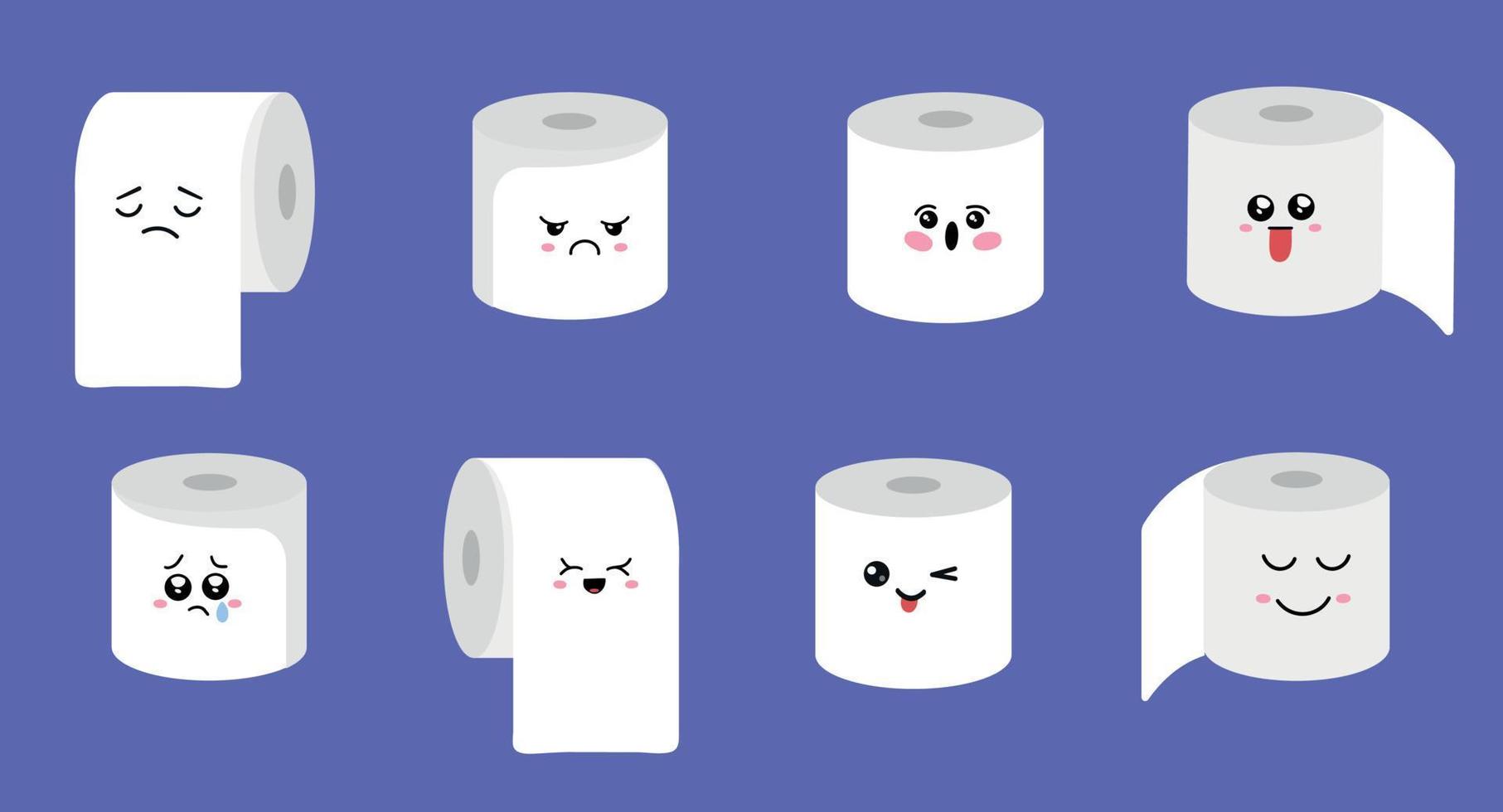 reeks van toilet papier broodjes in verschillend posities. toilet en badkamer element. hygiëne en sanitaire voorzieningen. tekenfilm vlak illustratie. vector toilet papier emoji set. grappig tekenfilm emoticons