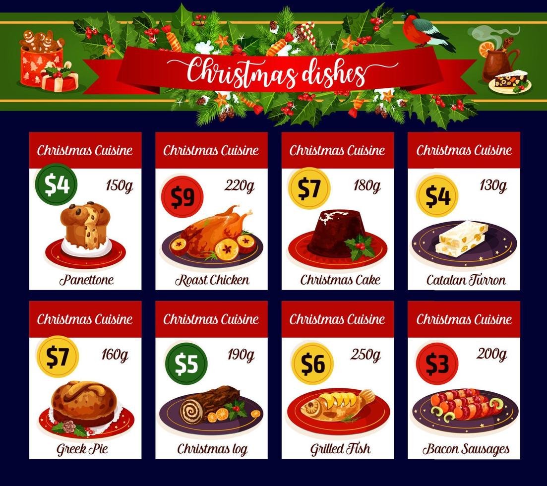 Kerstmis menu kaart van winter vakantie avondeten vector