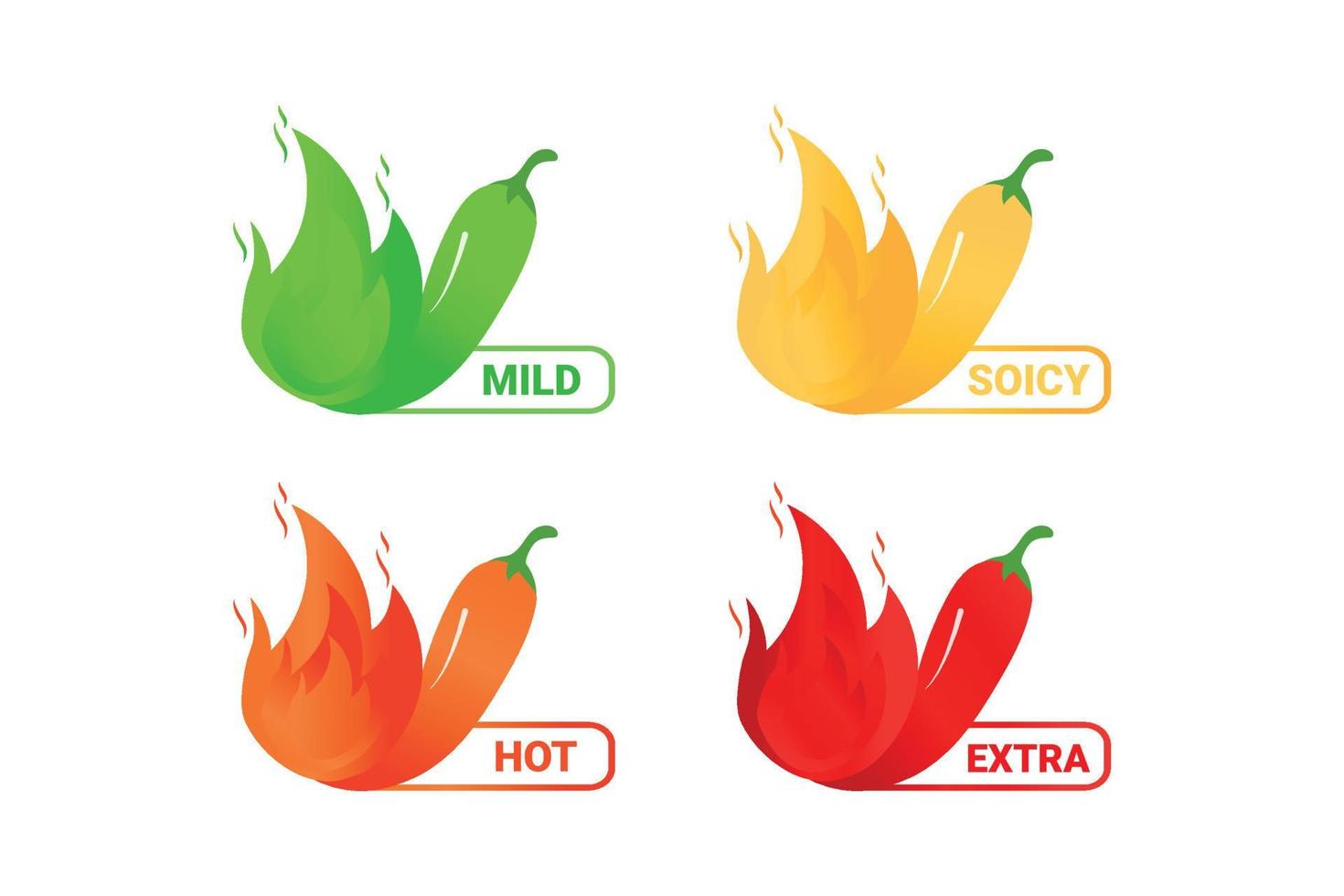 pittig niveau etiketten met vlammen en heet Chili paprika's met brand. vector