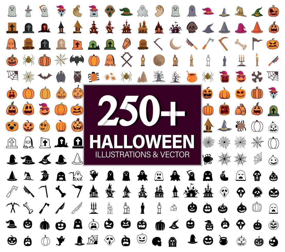 250 groot halloween illustratie vector collecties met klem kunst. ontwerp van heks, griezelig en spookachtig elementen voor halloween dag decoraties, pictogrammen, en stickers met andere halloween onderdelen.