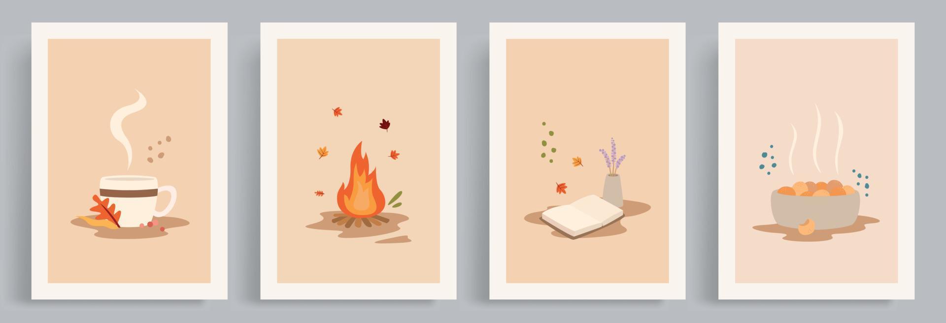 4 collecties van herfst vector illustraties met een warm, hygge en knus atmosfeer. warm atmosfeer vector met heet kop van koffie of chocola, vreugdevuur, boek en koekjes.