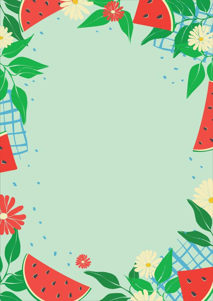 picknick in natuur. vector illustratie met watermeloenen. zomer kader sjabloon. modern poster met biologisch producten. zomer vakantie uitnodiging ontwerp. vlak ontwerp.