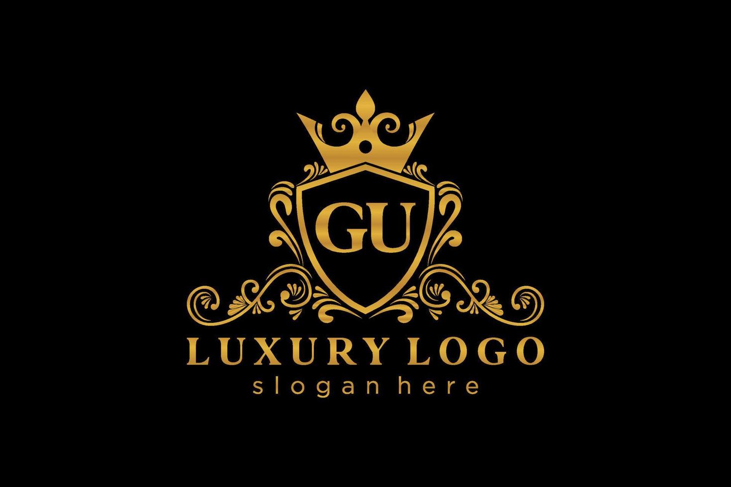 eerste gu brief Koninklijk luxe logo sjabloon in vector kunst voor restaurant, royalty, boetiek, cafe, hotel, heraldisch, sieraden, mode en andere vector illustratie.