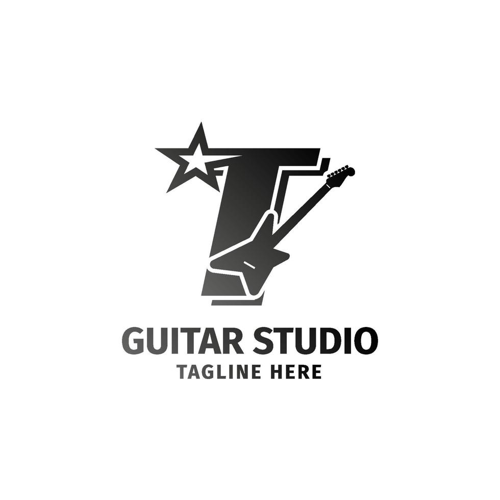 brief t elektrisch gitaar en ster decoratie vector logo ontwerp element