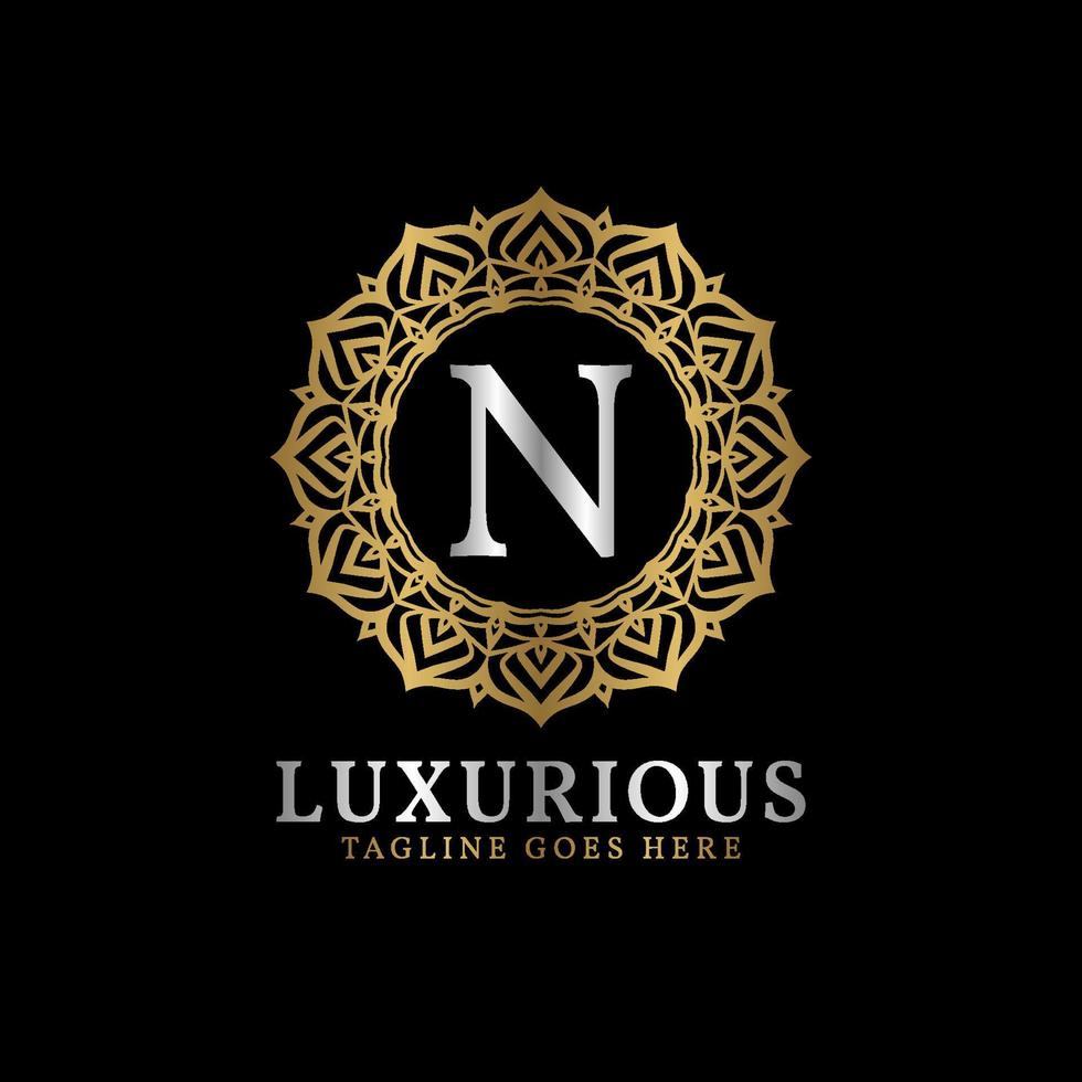 brief n luxueus decoratief bloem mandala kunst initialen vector logo ontwerp voor bruiloft, spa, hotel, schoonheid zorg