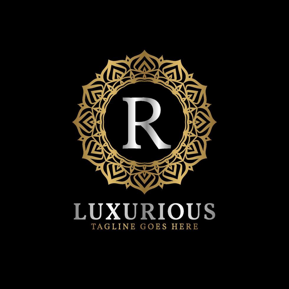 brief r luxueus decoratief bloem mandala kunst initialen vector logo ontwerp voor bruiloft, spa, hotel, schoonheid zorg