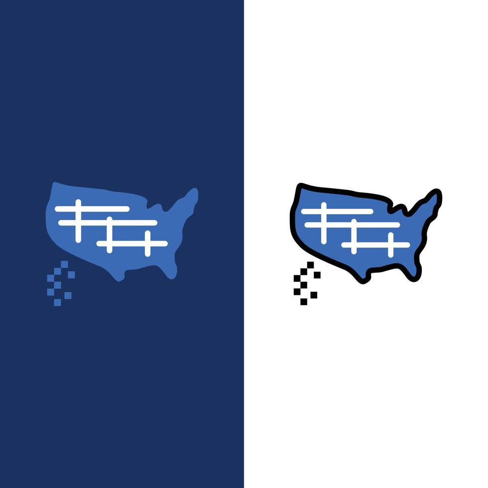 kaart staten Verenigde Verenigde Staten van Amerika pictogrammen vlak en lijn gevulde icoon reeks vector blauw achtergrond