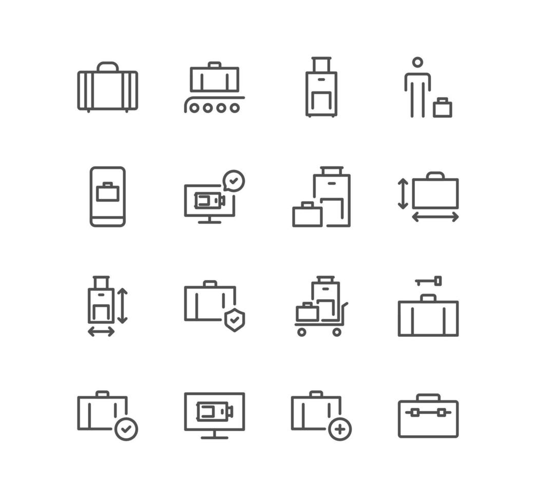 reeks van bagage en reizen pictogrammen, zak maat, speciaal geen formaat bagage en lineair verscheidenheid vectoren. vector