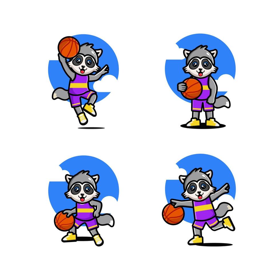 reeks van gelukkig schattig wasbeer spelen basketbal vector