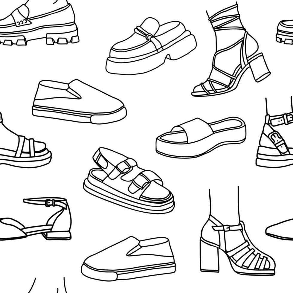 modern vrouwelijk schoenen lijn kunst naadloos patroon. schetsen achtergrond met schoenen en sandalen voor voorjaar en zomer. hand- getrokken vector illustratie