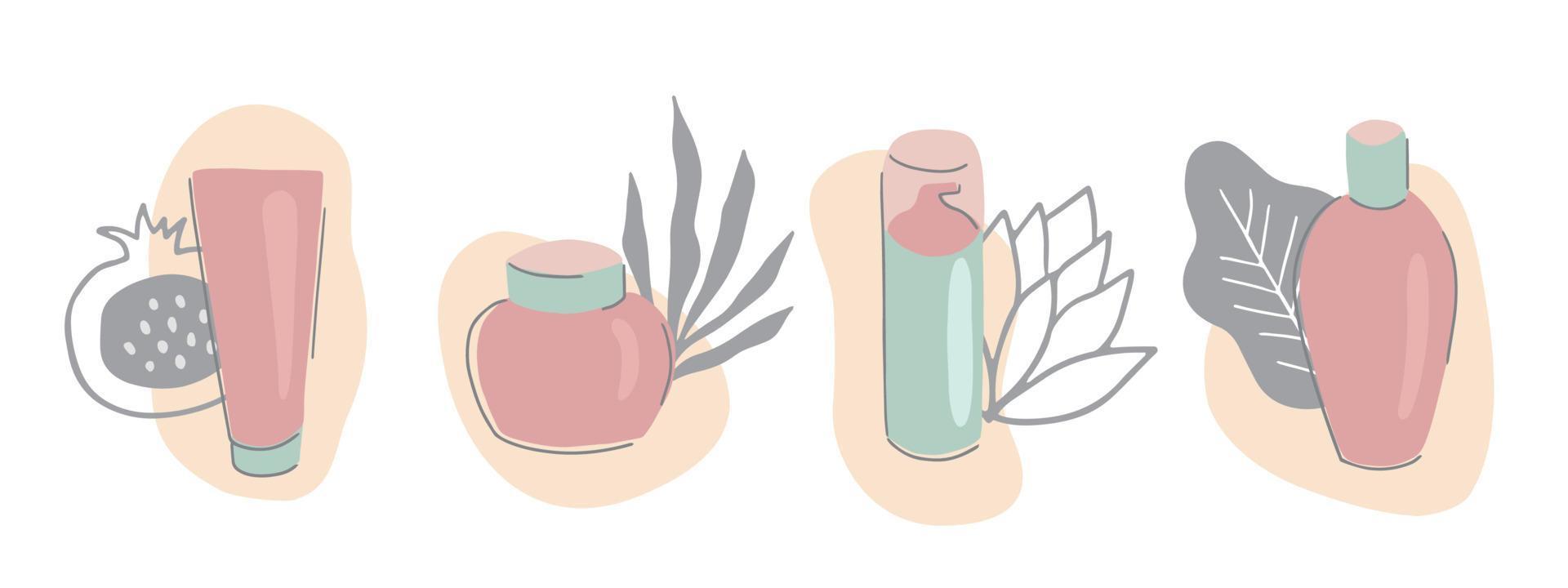 verzameling van huidsverzorging producten met bloemen elementen. reeks van verschillend buizen en flessen met reinigingsmiddelen, lotions, vochtinbrengende crèmes, serums. vlak vector illustratie