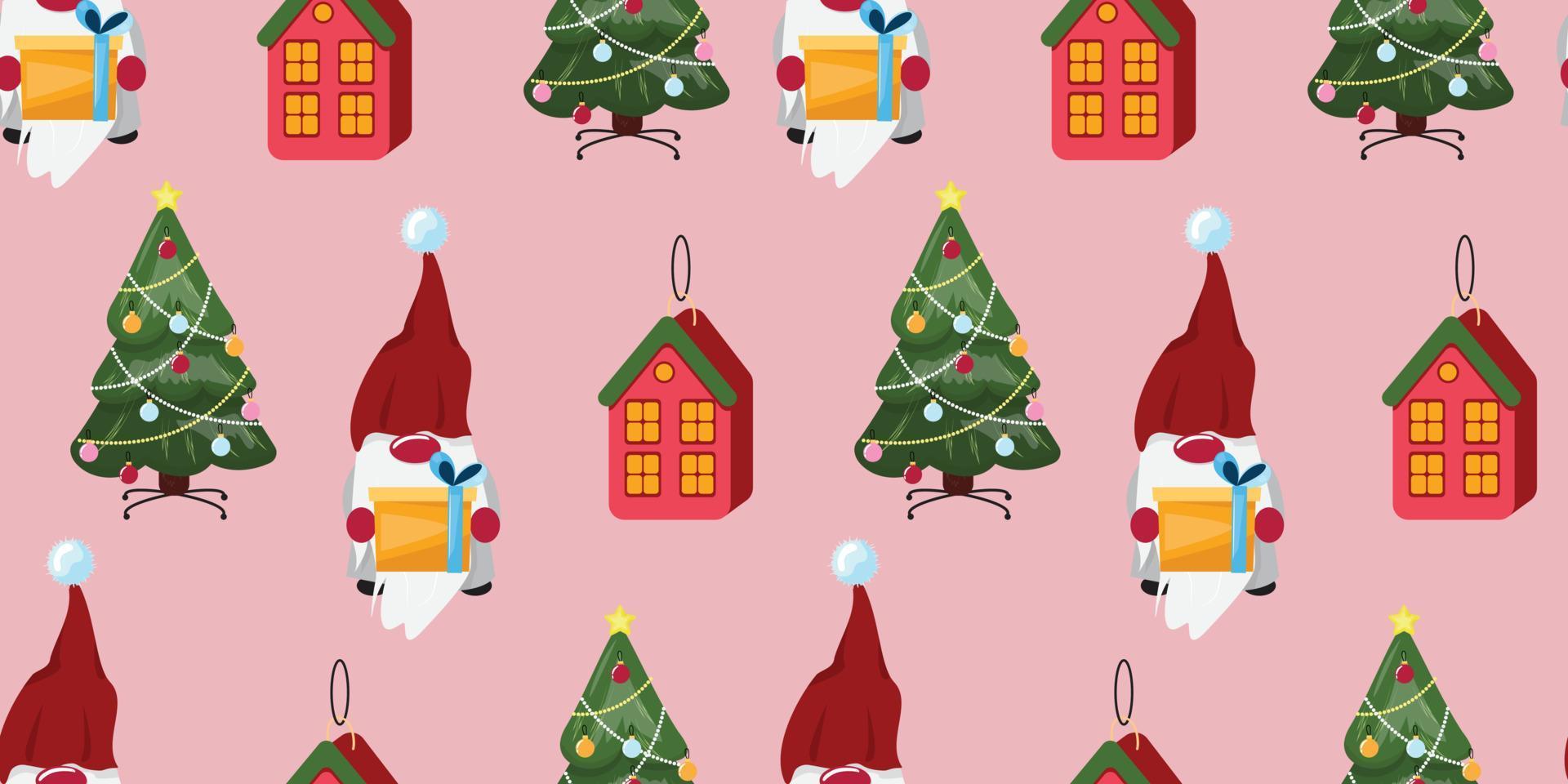 naadloos patroon met een schattig gnoom Holding een Kerstmis geschenk doos, versierd pijnboom boom, Kerstmis decoratief huis Aan roze achtergrond. voor textiel, papier, inpakken, verpakking. vector