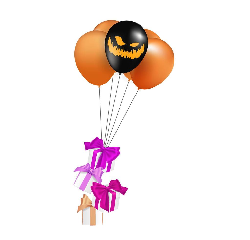 gelukkig halloween. ontwerp met geschenk doos en ballonnen partij Aan zwart achtergrond. vector. vector