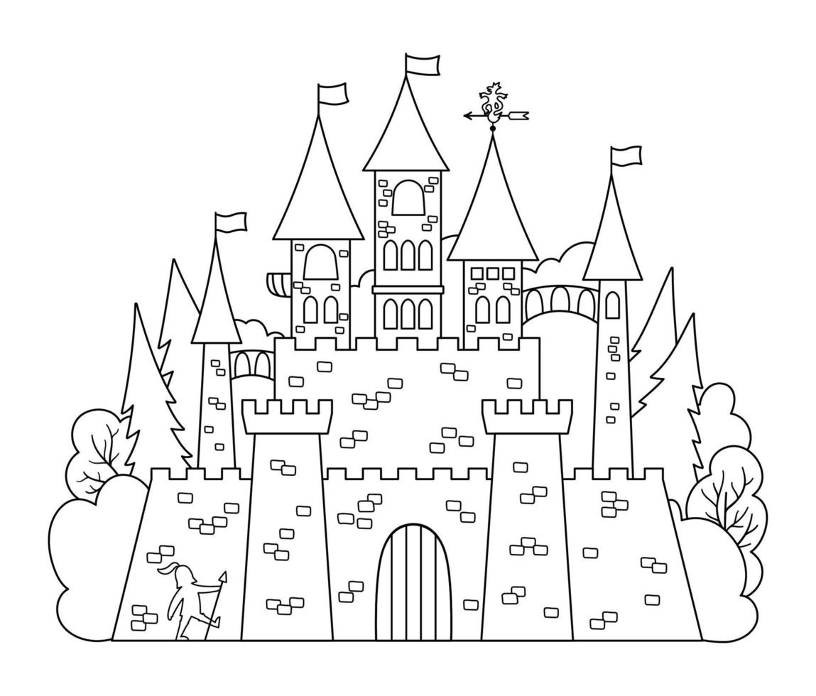 vector zwart en wit kasteel icoon geïsoleerd Aan wit achtergrond. magie koninkrijk lijn afbeelding. middeleeuws steen paleis met torens, vlaggen, poorten. fee verhaal koning huis illustratie of kleur bladzijde