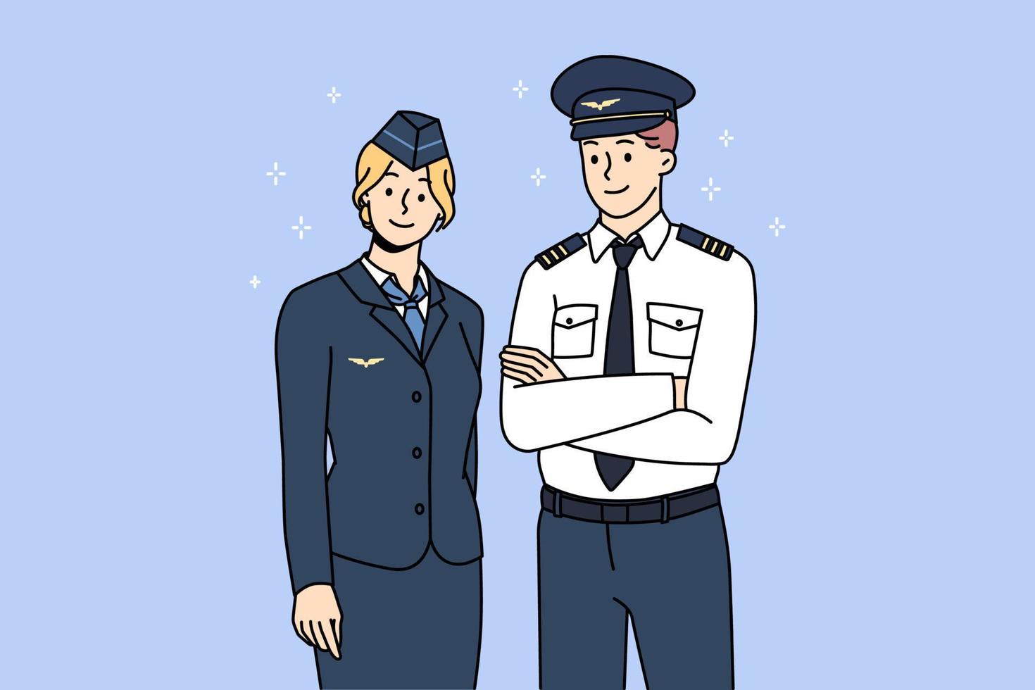 professioneel vliegtuig bemanning in uniform poseren voor afbeelding samen. portret van vliegtuig piloot en stewardess tonen mooi zo kwaliteit onderhoud. Internationale of nationaal luchtvaartmaatschappijen. vector illustratie.