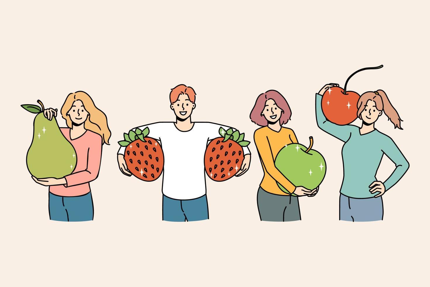 reeks van glimlachen jong mensen Holding reusachtig fruit volgen gezond levensstijl. gelukkig mannen en Dames met appel, Peer en aardbei adviseren vegetarisch eetpatroon en vitamine aan het eten. vector illustratie.