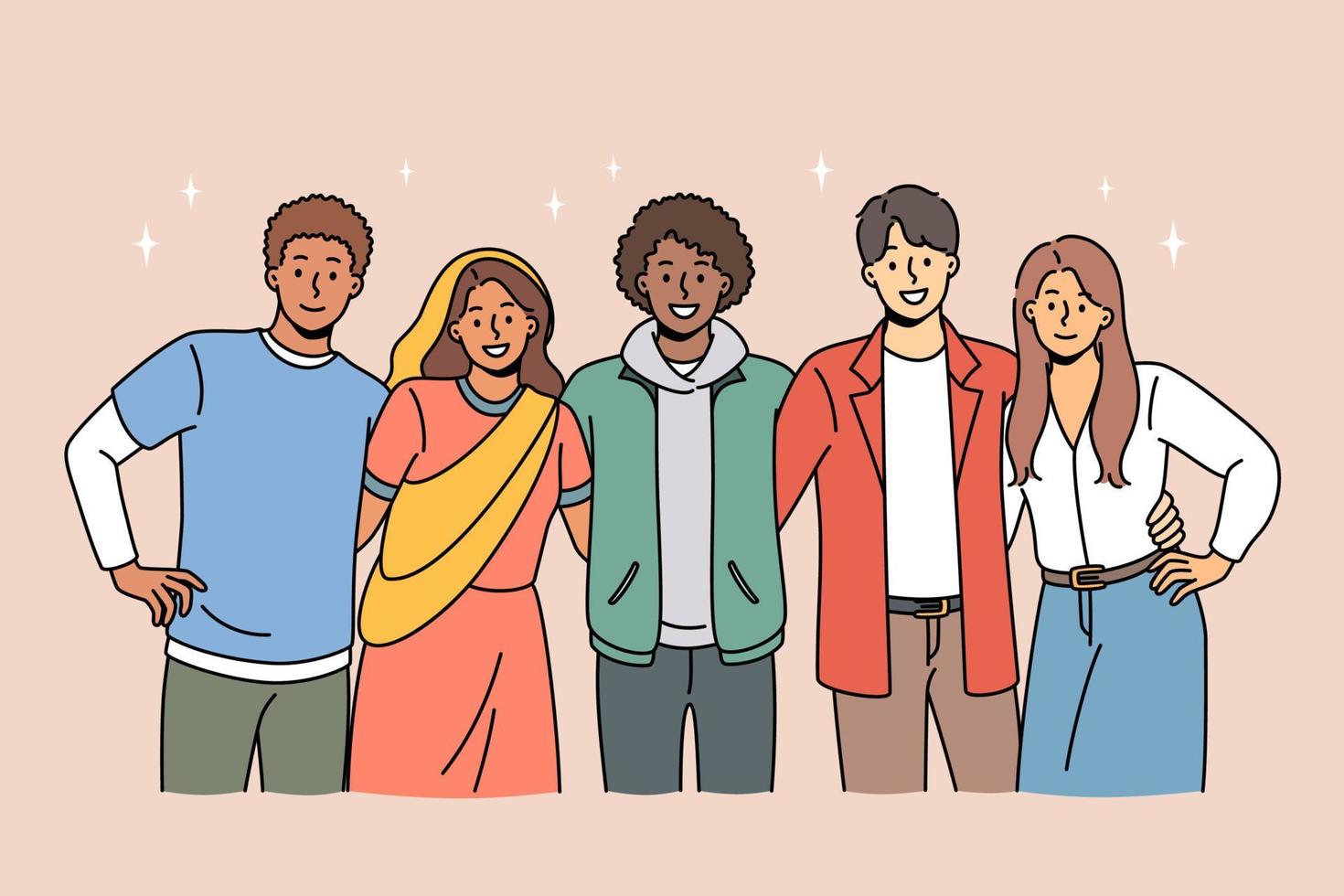 portret van multicultureel jong mensen staan houding samen knuffelen tonen Internationale vriendschap en eenheid. glimlachen verschillend multi-etnisch vrienden genieten tijd samen. diversiteit. vector illustratie.