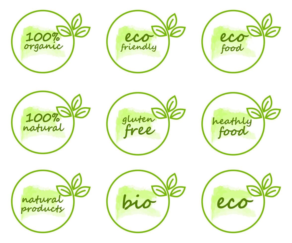 ecologisch, gezond, natuurlijk, biologisch stickers, etiketten, spandoeken. reeks van stickers, etiketten, banners over gezond aan het eten, eco producten en veganisten. vector voorraad illustratie.