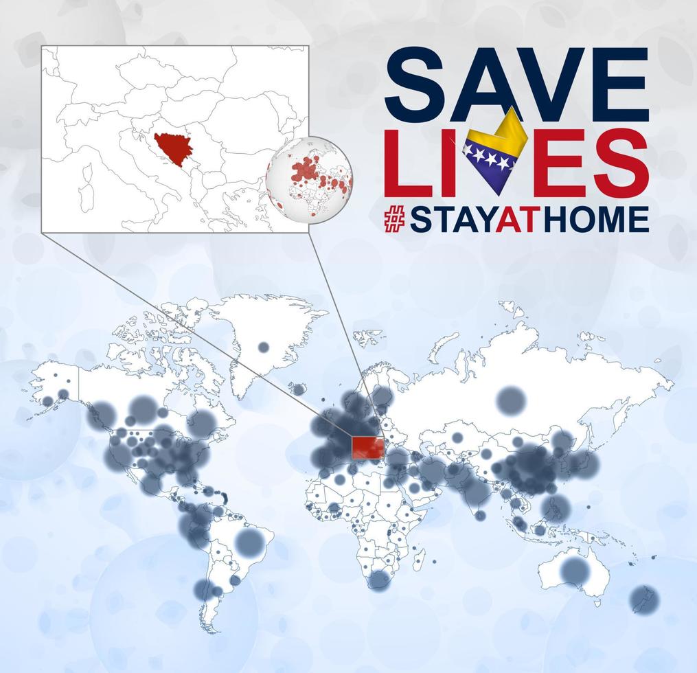 wereld kaart met gevallen van coronavirus focus Aan Bosnië en herzegovina, covid-19 ziekte in Bosnië en herzegovina. leuze opslaan leeft met vlag van Bosnië en herzegovina. vector