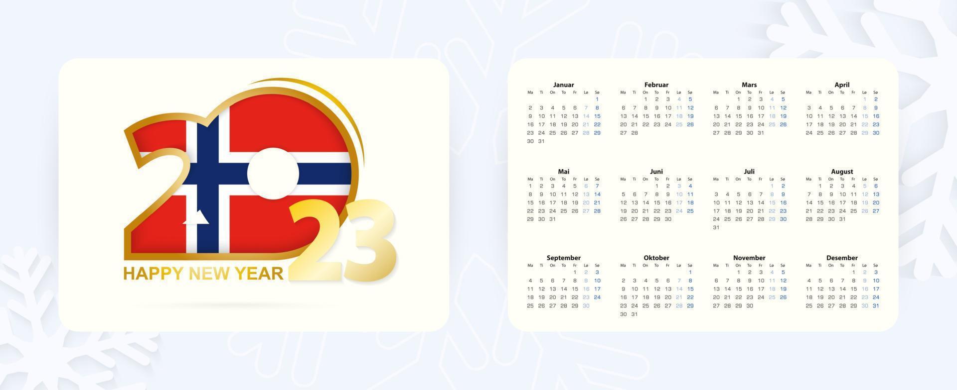 horizontaal zak- kalender 2023 in Noors taal. nieuw jaar 2023 icoon met vlag van Noorwegen. vector