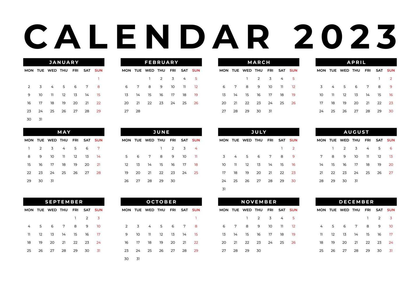 maandelijks bureau kalender sjabloon voor 2023 jaar. week begint Aan maandag vector