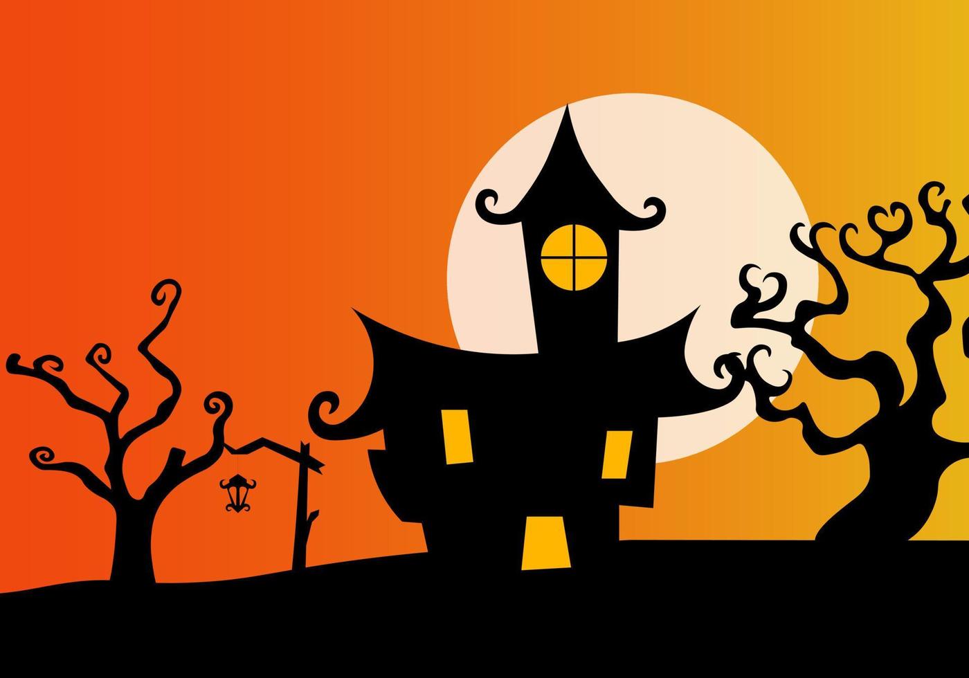 halloween achtergrond met 1 kasteel, vleermuizen vliegen, heks heks huis. oranje halloween achtergrond vector