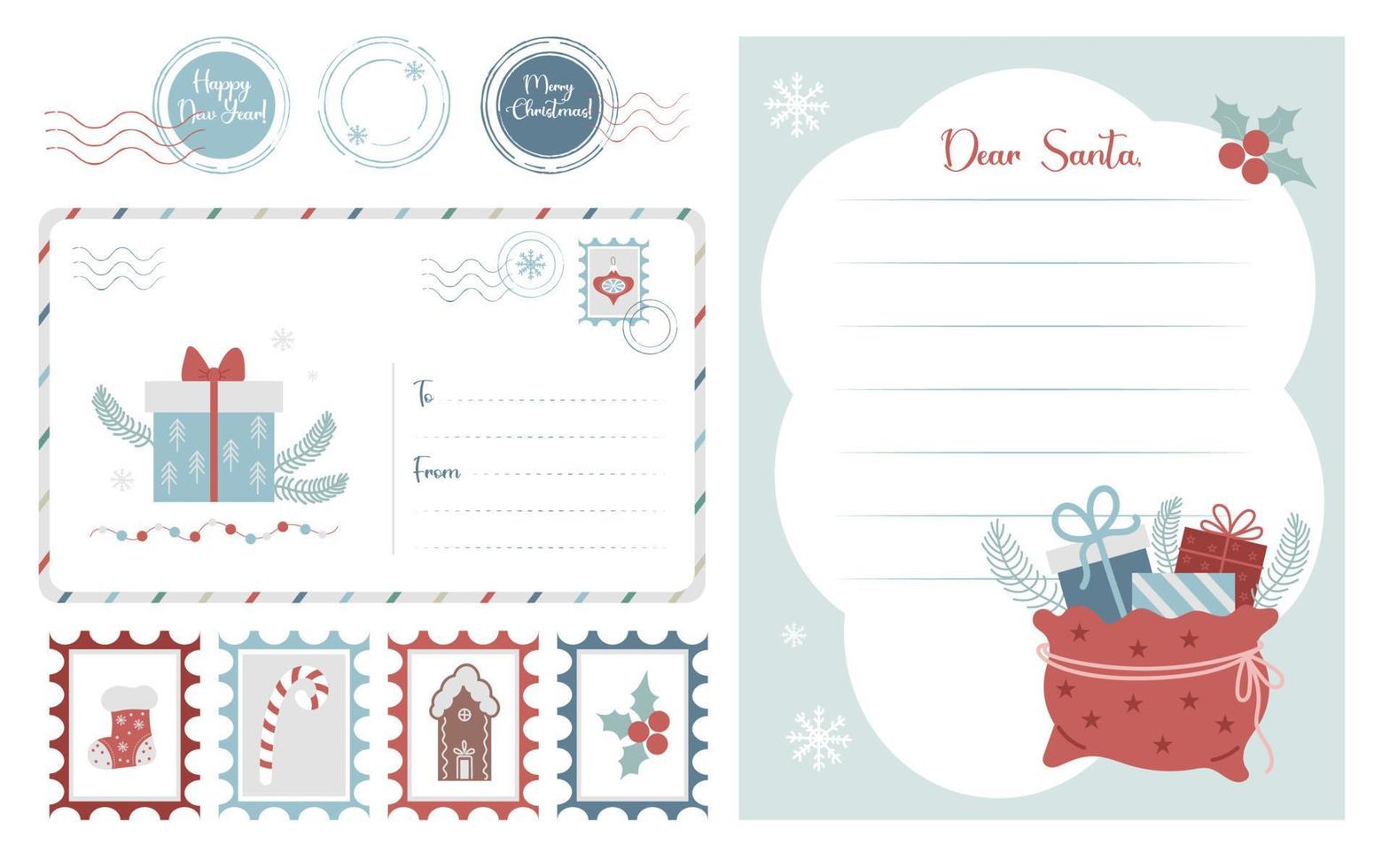 Kerstmis Sjablonen set. 2023 nieuw jaar, brief naar de kerstman claus, post- envelop, zegels en port postzegels. vector reeks voor decoratie van Kerstmis kaarten en geschenk