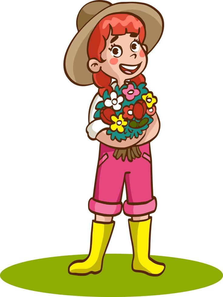 schattig boer meisje geplukt bloemen vector