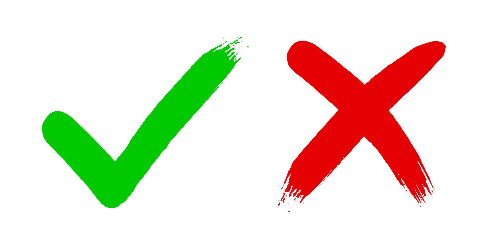 twee vuile grunge hand getekende penseelstreken kruis x en tik v ok vinkje vectorillustratie geïsoleerd op een witte achtergrond. vector