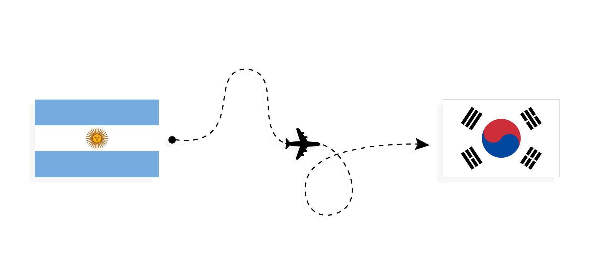 vlucht en reis van Argentinië naar Zuid-Korea per reisconcept voor passagiersvliegtuigen vector