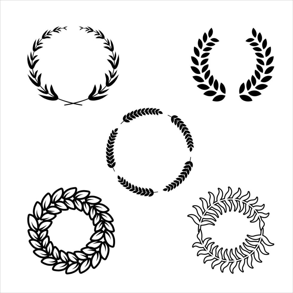 set van zwart-wit silhouet circulaire laurierblad en eiken kransen beeltenis van een prijs, prestatie, heraldiek, adel. vectorillustratie. vector