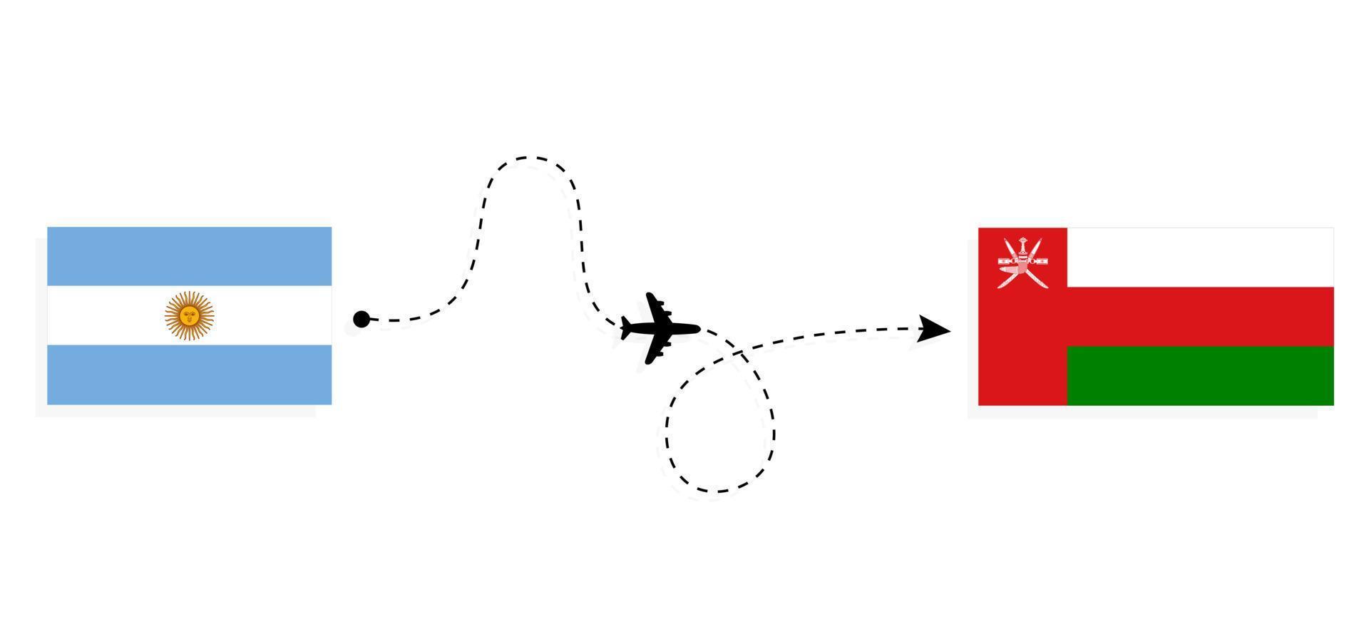 vlucht en reis van argentinië naar oman per reisconcept voor passagiersvliegtuigen vector