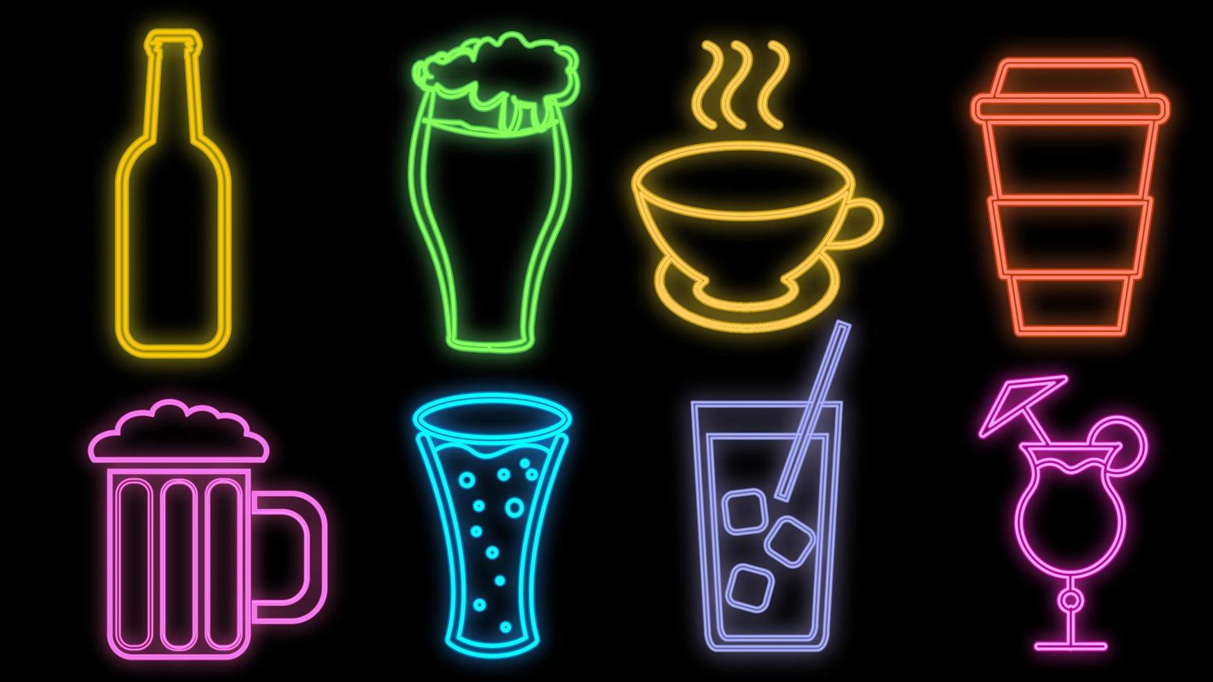 reeks van helder lichtgevend veelkleurig neon tekens voor een cafe restaurant bar mooi glimmend met cocktails en drankjes, thee, koffie, bier Aan een zwart achtergrond. vector illustratie