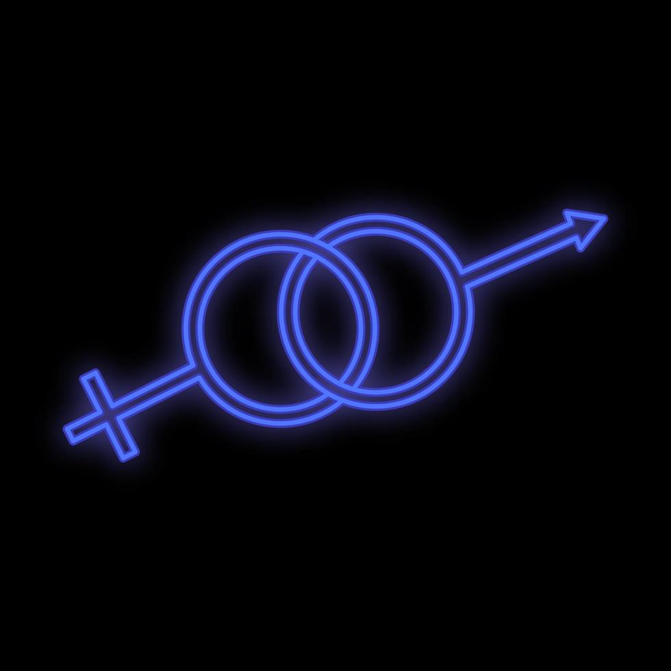 helder lichtgevend blauw feestelijk digitaal neon teken voor een op te slaan of kaart mooi glimmend met liefde symbolen van mannetje en vrouw Aan een zwart achtergrond. vector illustratie