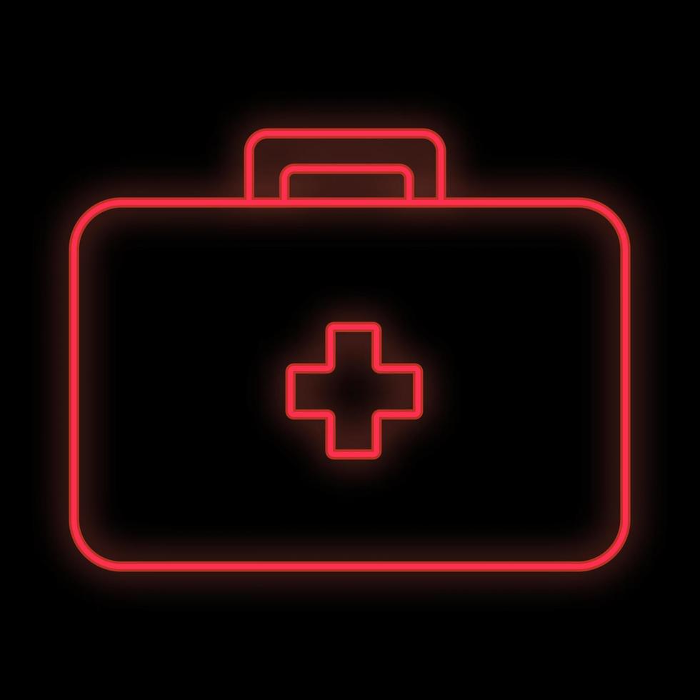 helder lichtgevend rood medisch digitaal neon teken voor een apotheek of ziekenhuis op te slaan mooi glimmend met een eerste steun uitrusting en de opschrift geneeskunde Aan een zwart achtergrond. vector illustratie