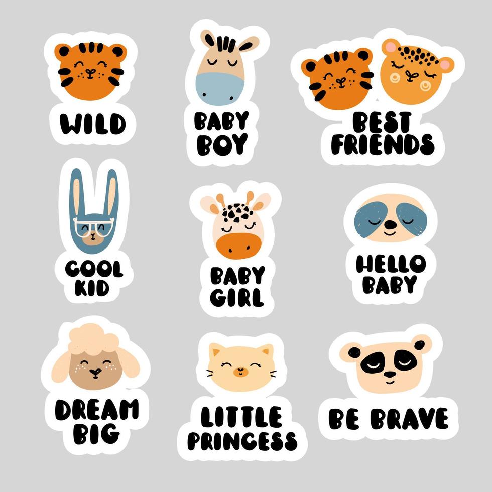 schattig dier gezichten. stickers reeks met inscripties voor baby vector