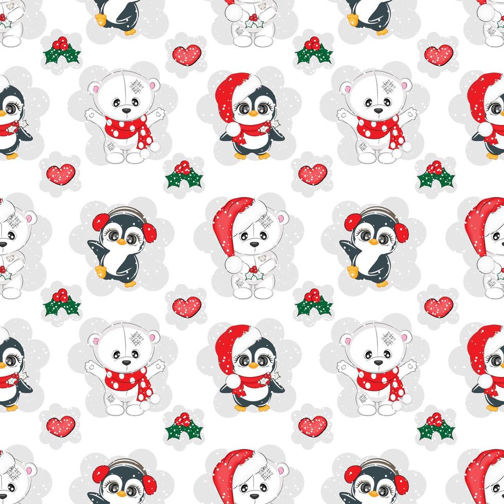 naadloos patroon met wit Kerstmis beer en pinguïn, vector illustratie