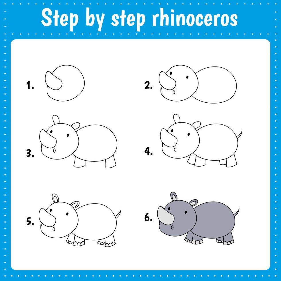 leerzaam werkblad voor kinderen. stap door stap tekening illustratie. neushoorn. werkzaamheid bladzijde voor peuter- onderwijs. vector