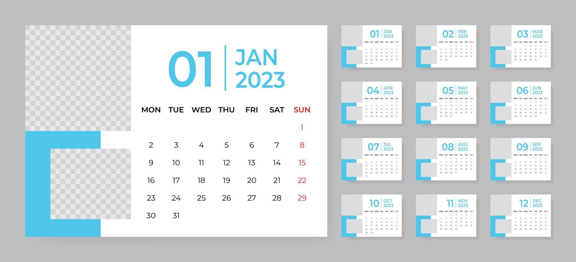 maandelijks bureau kalender sjabloon voor 2023 jaar. week begint Aan maandag vector