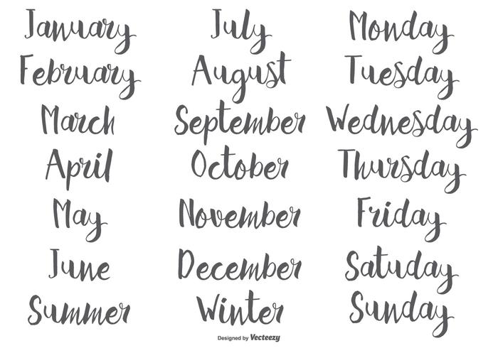 Handgetekende Kalligrafische Maanden en Dagen van de Week vector
