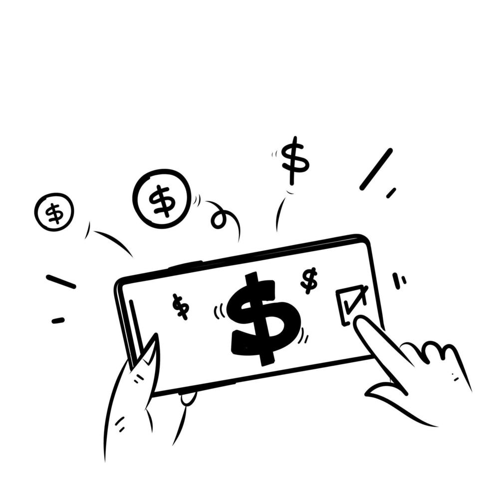 hand- tekening tekening mobiel telefoon met geld symbool illustratie vector