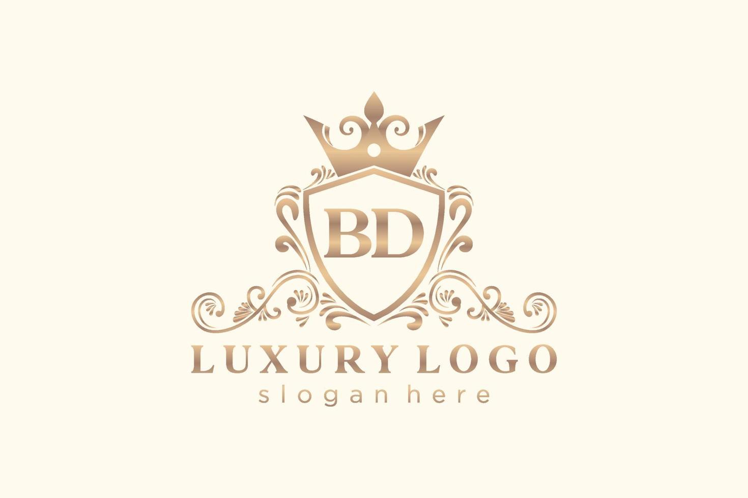 eerste bd brief Koninklijk luxe logo sjabloon in vector kunst voor restaurant, royalty, boetiek, cafe, hotel, heraldisch, sieraden, mode en andere vector illustratie.