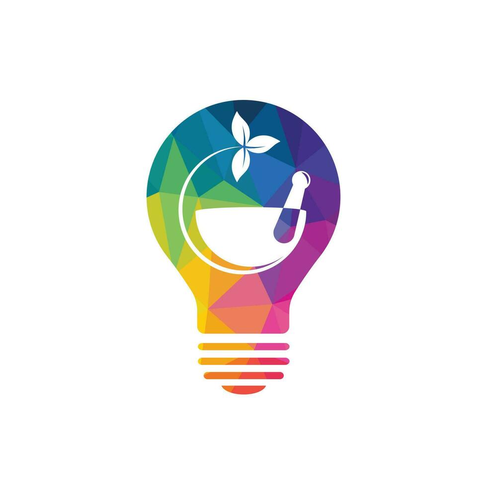 creatief licht lamp apotheek medisch logo ontwerp. natuurlijk Mortier en stamper logo, geneeskunde kruiden illustratie symbool icoon vector ontwerp.