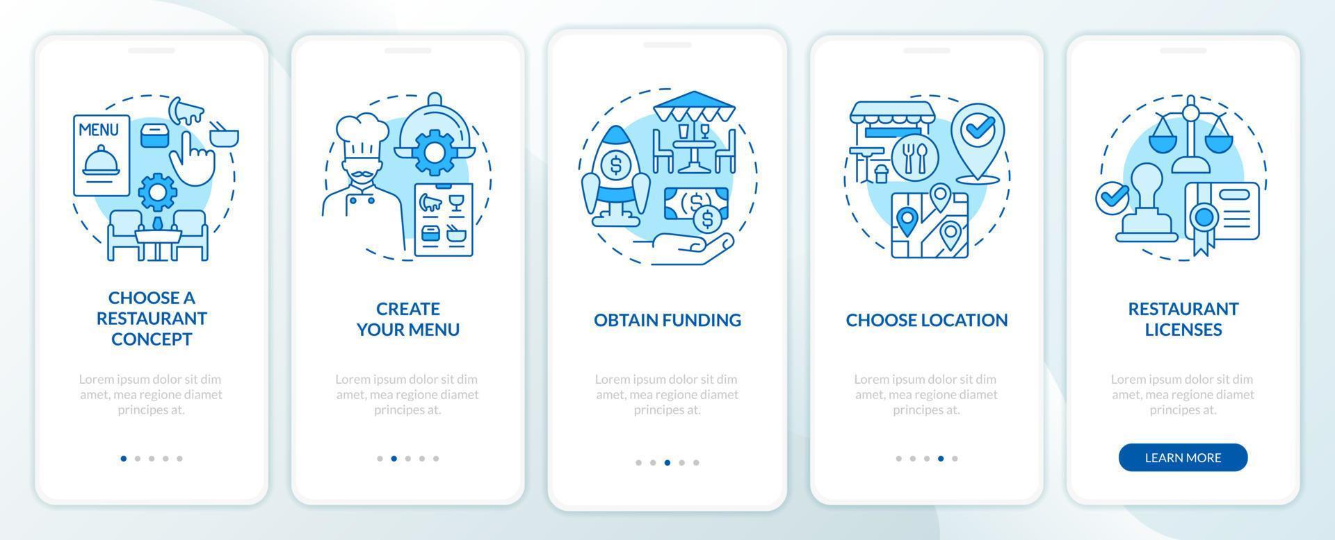 beginnend restaurant stappen blauw onboarding mobiel app scherm. walkthrough 5 stappen bewerkbare grafisch instructies met lineair concepten. ui, ux, gui sjabloon. vector