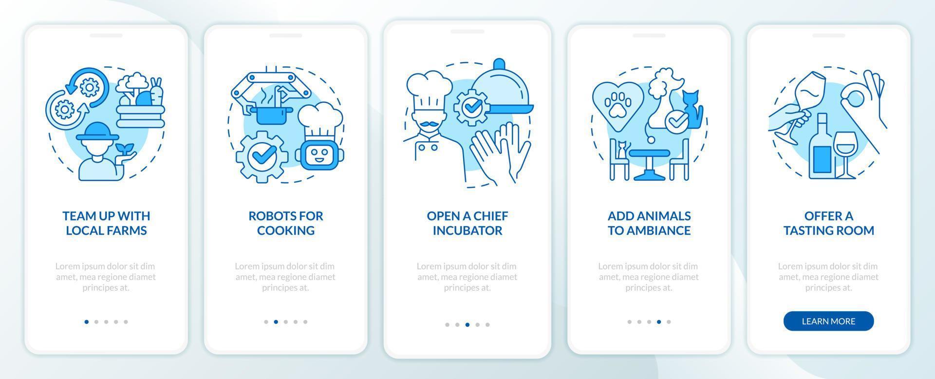 uniek restaurant bedrijf ideeën blauw onboarding mobiel app scherm. walkthrough 5 stappen bewerkbare grafisch instructies met lineair concepten. ui, ux, gui sjabloon. vector