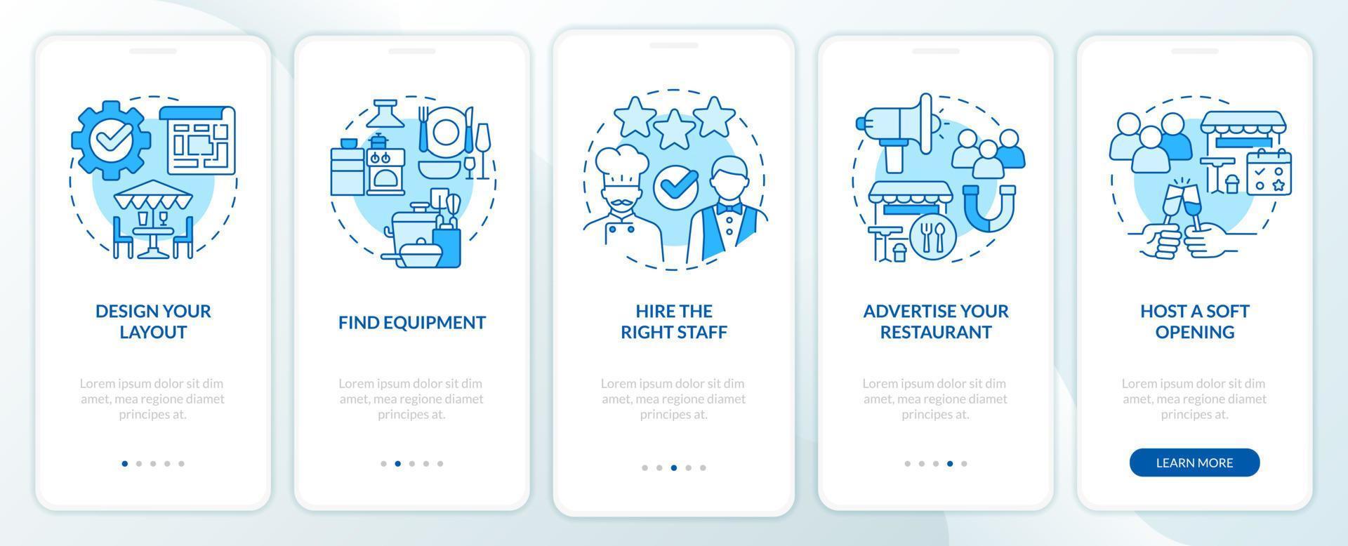 beginnend restaurant checklist blauw onboarding mobiel app scherm. walkthrough 5 stappen bewerkbare grafisch instructies met lineair concepten. ui, ux, gui sjabloon. vector
