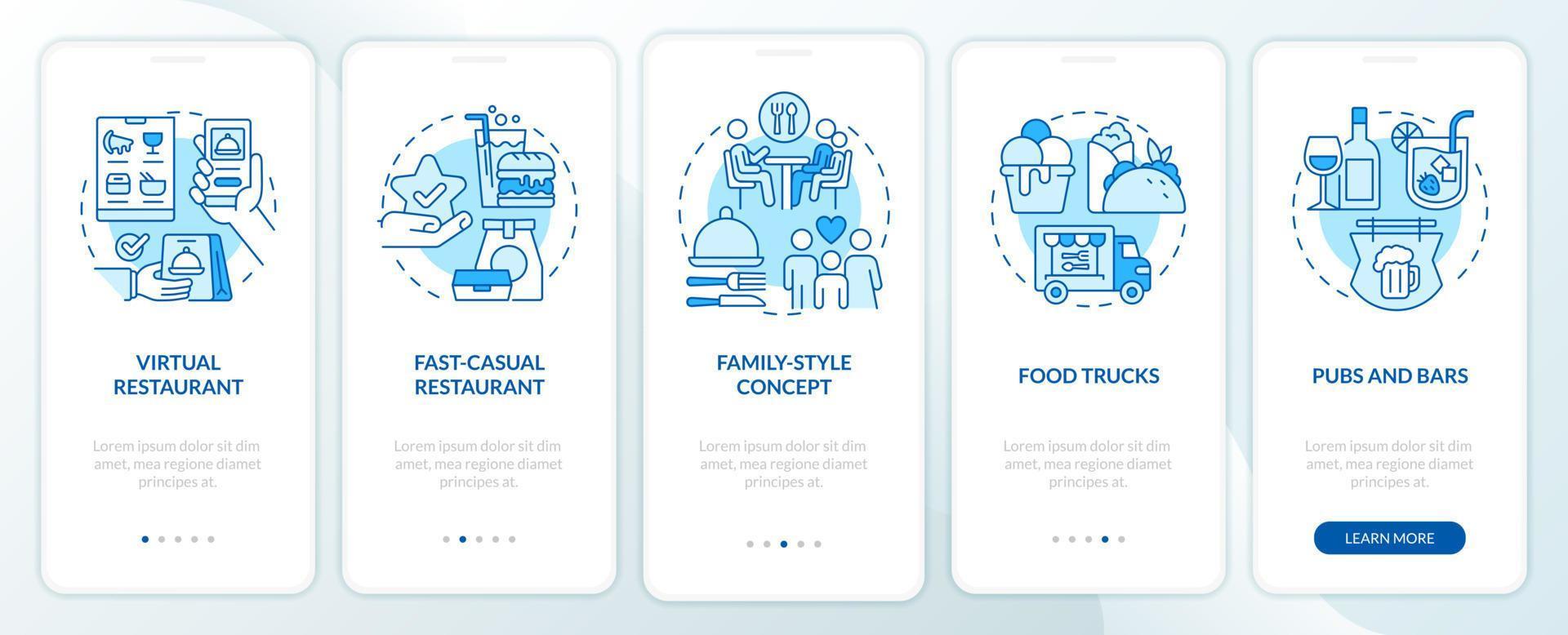 types van restaurants blauw onboarding mobiel app scherm. kroegen, bars walkthrough 5 stappen bewerkbare grafisch instructies met lineair concepten. ui, ux, gui sjabloon. vector