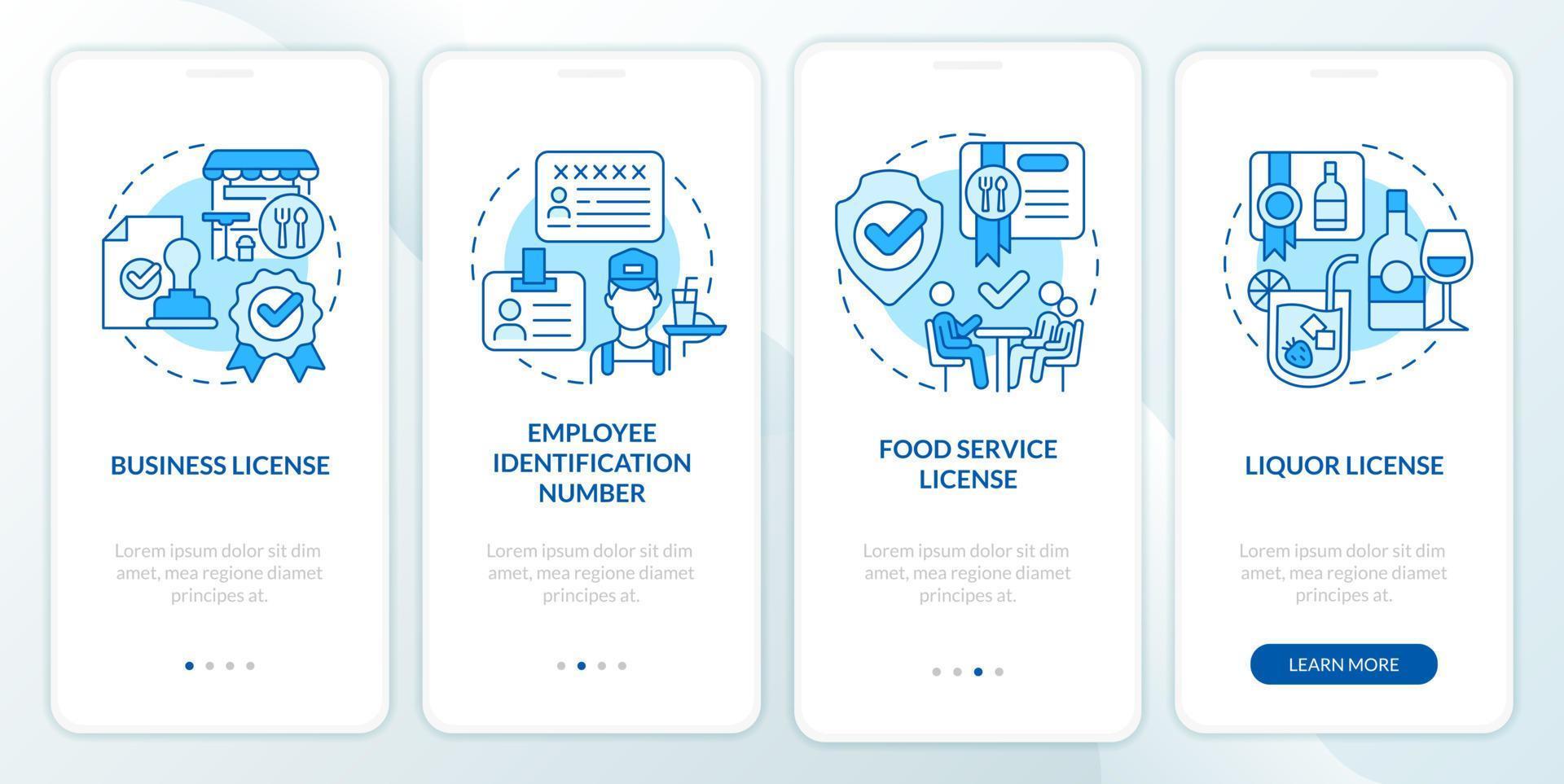 legitimeren restaurant bedrijf blauw onboarding mobiel app scherm. walkthrough 4 stappen bewerkbare grafisch instructies met lineair concepten. ui, ux, gui sjabloon. vector